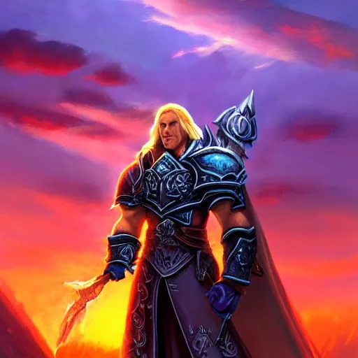 Prompt: painting of arthas from world of warcraft!!!!!, watching a purple and orange sunset!!, from the black mage cemetery!!!, in the style of justin gerard!!!!