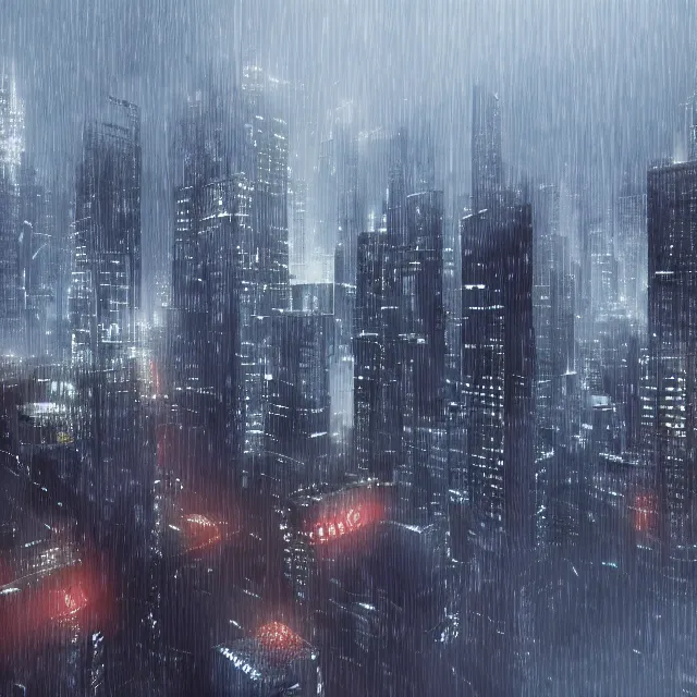 Image similar to futuristic city, during rainstorm, detailed, 4 k