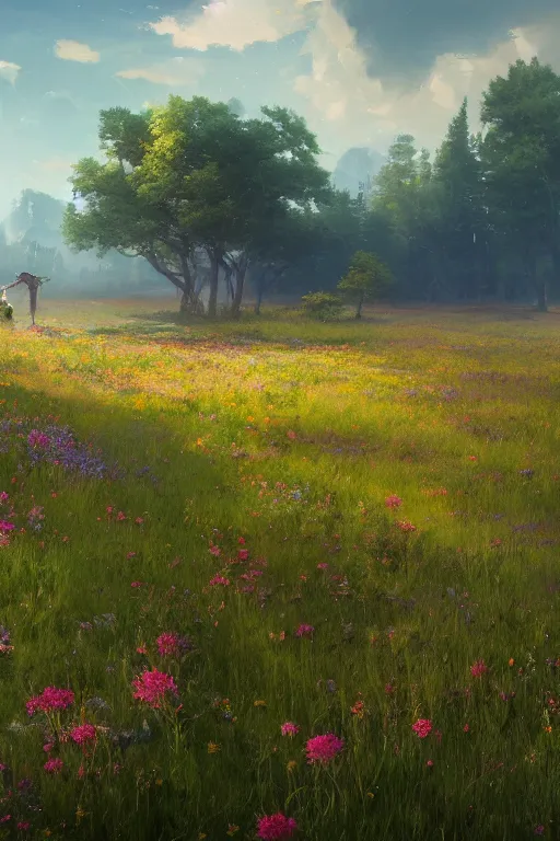 Prompt: An endless beuatiful and colourful meadow by Greg Rutkowski, Sung Choi, Mitchell Mohrhauser, Maciej Kuciara, Johnson Ting, Maxim Verehin, Peter Konig, final fantasy , 8k photorealistic, cinematic lighting, HD, high details, atmospheric,