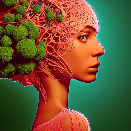 Image similar to the portrait of an unbelievably beautiful and sophisticated young woman made up of broccoli looking straight up, an ultrafine detailed illustration by james jean, intricate linework, bright colors, final fantasy, behance contest winner, vanitas, angular, altermodern, unreal engine 5 highly rendered, global illumination, radiant light, detailed and intricate environment