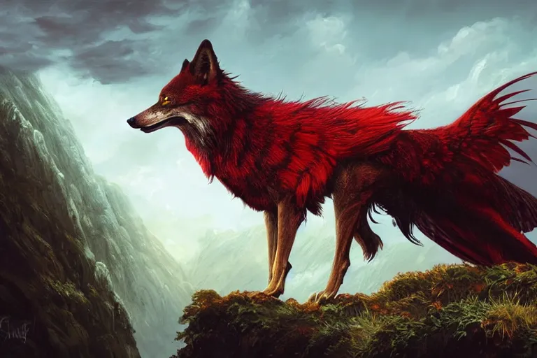 Image similar to Red feathered wolf with wings on a beautiful fantasy landscape, hills, mountains, moonlit, HD, illustration, epic, D&D, fantasy, intricate, elegant, highly detailed, digital painting, artstation, concept art, smooth, sharp focus, illustration, art by artgerm and greg rutkowski and alphonse mucha