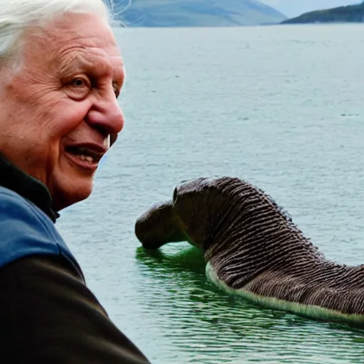 Image similar to Sir David Attenborough at a lake, with Loch Ness Monster Nessie plesiosaur in the water