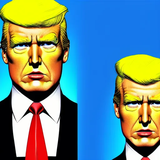 Image similar to character portrait inspired by max headroom and donald trump, digital art work made by brian bolland, highly detailed macabre face, realistic