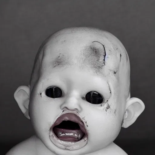 Image similar to soulless baby looking forward, glossy eyes, disfigured, dead appearance, high quality,