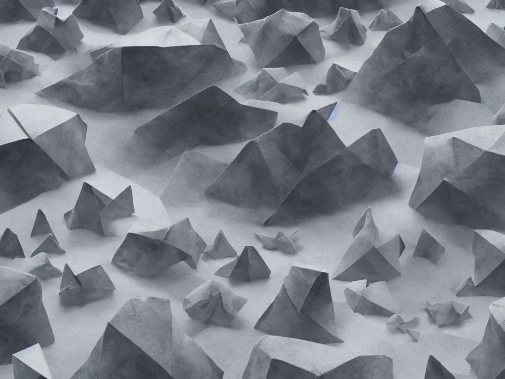 Image similar to photo of a origami rocky hill, in the middle of a storm. realistic origami clouds. impressive, magical, very atmospheric, cinematic, stunning, masterpiece, romantic, trending in artstation, very detailed. 4 k