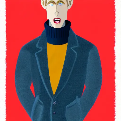 Image similar to A slender, awkward british man, with short blond hair and a very short blond beard wearing a corduroy jacket and turtleneck , blue eyes, pale skin, English heritage, digital art, cartoon, mid-shot, 8k