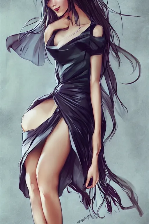 Prompt: Seductive and alluring bodycon dress in low skirt, by artgerm, WLOP and Ross Tran