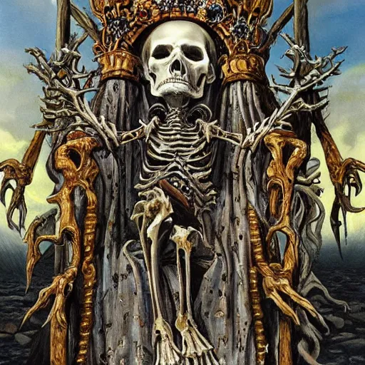 Prompt: beautiful painting of the queen of bones by a cemetary, sitting on a throne, detailed face, with a crown of skulls, skull earings, painting by jean giraud, jeff easley