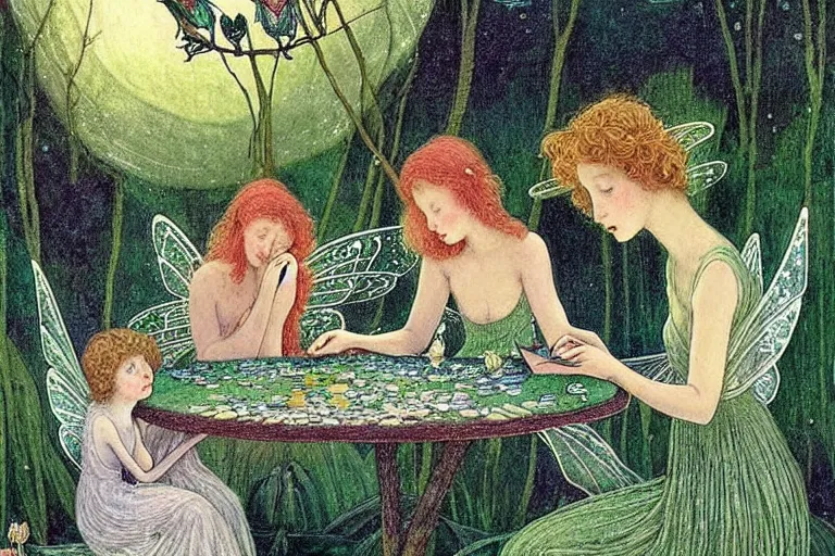 Image similar to a group of gracious winged fairies!! playing cards!! on a table in an atmospheric moonlit forest next to a beautiful pond!! filled with water lilies!!, artwork by ida rentoul outhwaite
