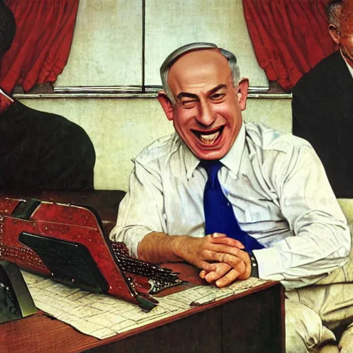 Prompt: benjamin netanyahu laughing hysterically at computer screen, by norman rockwell and michael cheval