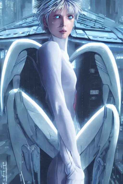 Image similar to white arc-angel with mystic robotic wings, blade runner, akira, ghost in the shell, 2077, ultra detailed, digital art, 8k ,character ,realistic, portrait, hyperrealistic