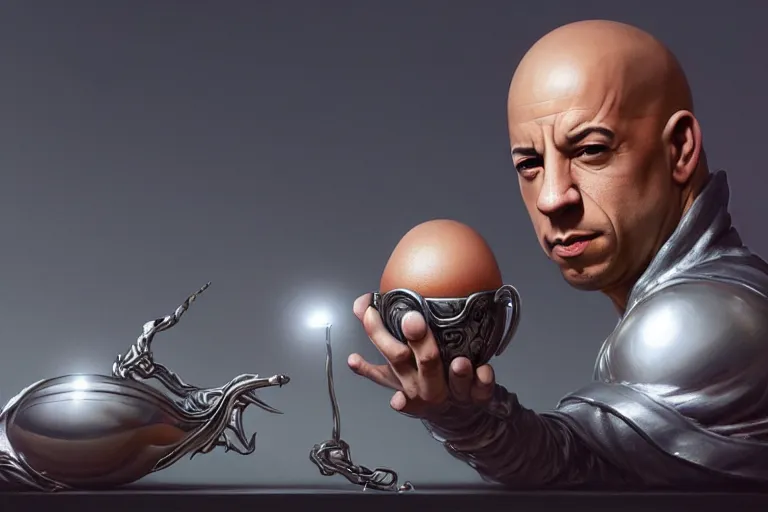 Image similar to silver egg cup, vin diesel head is a boiled egg, egg is a head, head is in egg cup, hyper detailed, digital art, artstation, cinematic lighting, studio quality, smooth render, by peter mohrbacher, hajime sorayama, boris vallejo, craig mullins