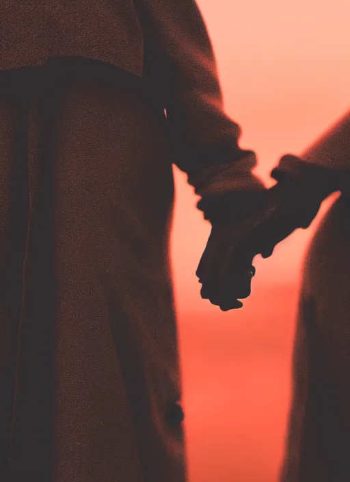 Image similar to cinestill 5 0 d photographic portrait of 2 women holding hands, wearing black techwear in front of a brutalist brushed metal building, closeup, on a desolate plain with a red sky, dystopia, cyberpunk, closeup, depth of field, 4 k, 8 k, hd, full color