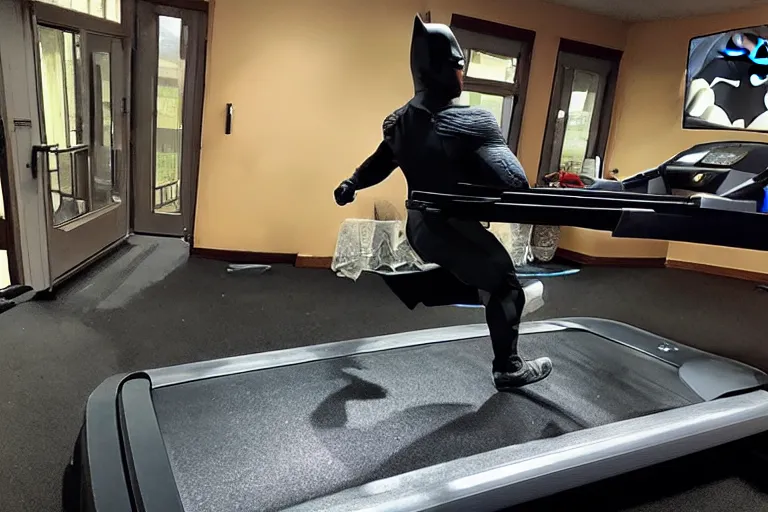 Prompt: batman on a treadmill caught on trail cam