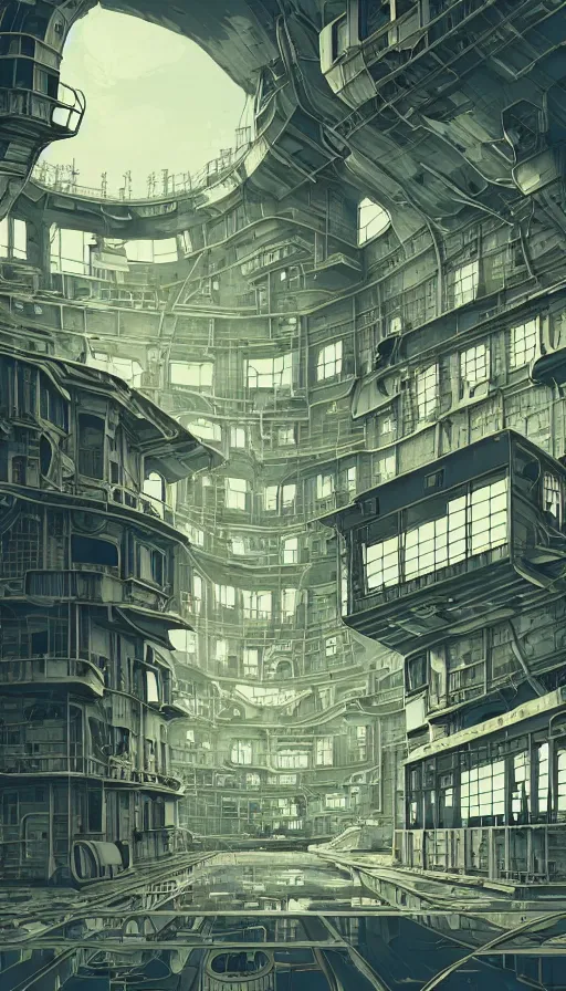 Prompt: a beautiful detailed anime illustration of navy fort urbex industrial architecture unfinished building building architecture city by federico babina, at dawn nature landscape cgsociety fisheye lake partly sunny futuristic alien matte painting, archdaily, wallpaper, highly detailed, trending on artstation.