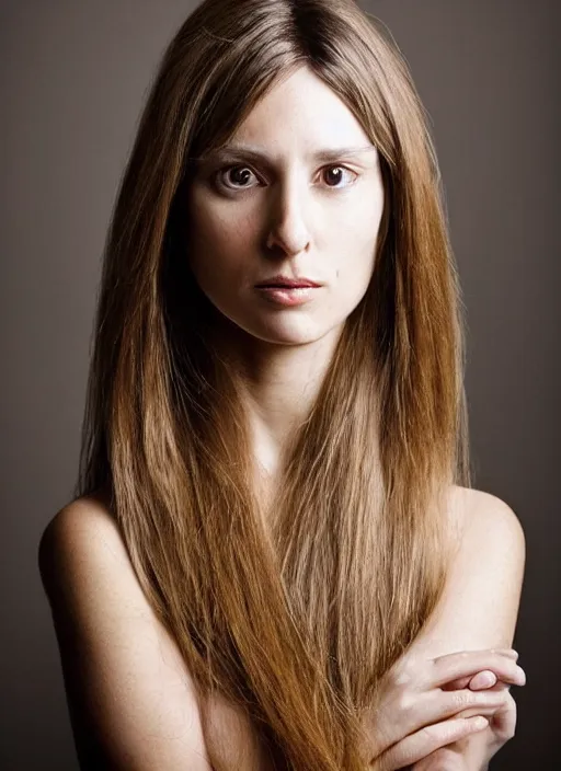 Prompt: realistic beautiful portrait of a beautiful, stylish, 30-year-old French woman, with long, straight hair, street portrait in the style of Martin Schoeller