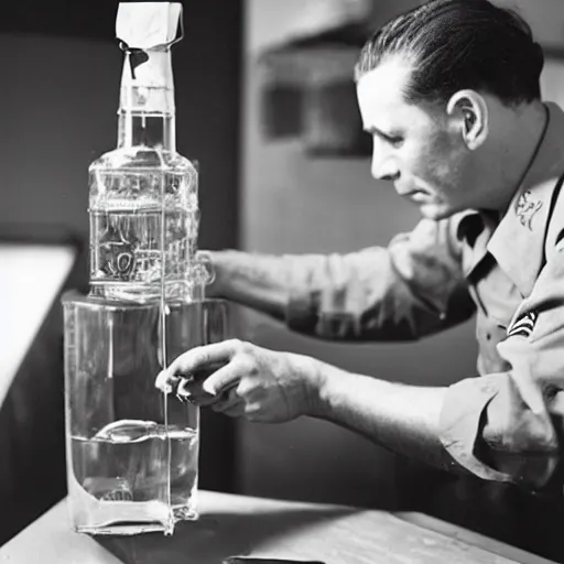 Image similar to a man in a uniform observing the sealing of a number of important looking bottles of spirits