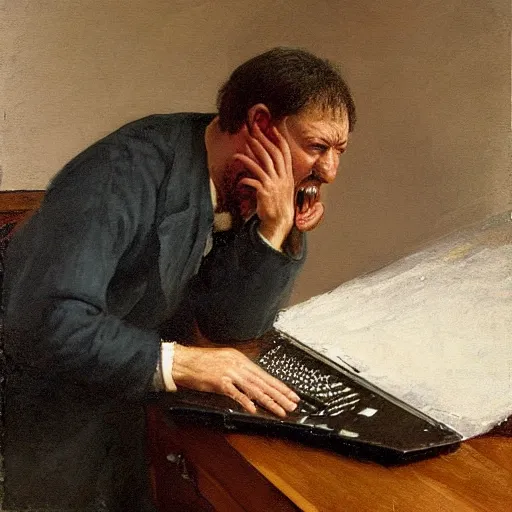 Image similar to an angry man yells at his computer monitor, oil on canvas, 1 8 8 3, highly detailed