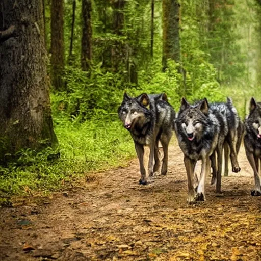 Image similar to a pack of wolves approaching you in a forest