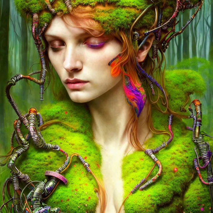 Prompt: bright psychedelic portrait of organic cyborg covered in moss in an ancient forest, diffuse lighting, fantasy, intricate, elegant, highly detailed, lifelike, photorealistic, digital painting, artstation, illustration, concept art, smooth, sharp focus, art by John Collier and Albert Aublet and Krenz Cushart and Artem Demura and Alphonse Mucha