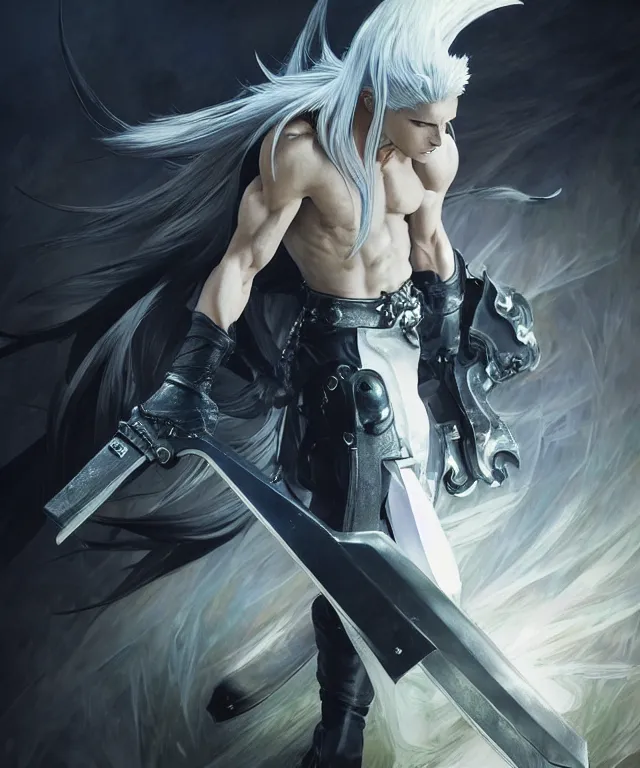 Prompt: a stunning dynamic pose full body of a final fantasy 7 sephiroth, intricate, 8 k highly professionally detailed, hdr, cgsociety, dark fantasy, dynamic lighting, cinematic, pristine, smooth, cosplay, elegant, sharp focus, art by alphonse mucha and greg rutkowski,