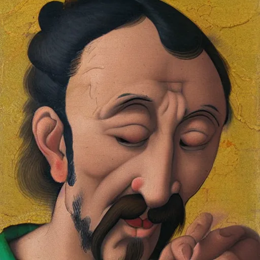 Image similar to portrait painting of crying Michelangelo di Lodovico with topknot in the style of japanese cartoon
