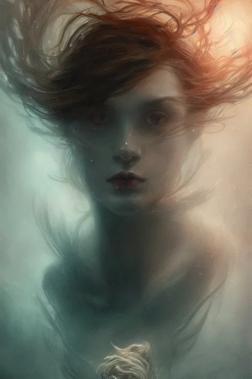 Image similar to floating in deep dark murky water!!!, underwater atmospheric mood, dark surreal mood! cinematic volumetric lights, bust portrait, dnd, fantasy, intricate, elegant, highly detailed, digital painting, artstation, concept art, smooth, sharp focus, illustration, art by artgerm and tom bagshaw and greg rutkowski and alphonse mucha
