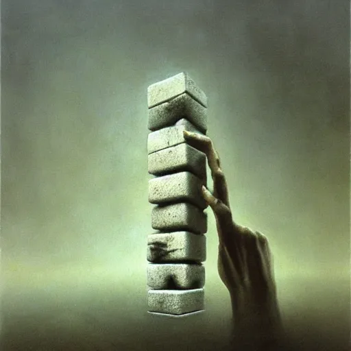 Prompt: arm reaching out of thick fog, tall marble blocks, zdzislaw beksinski