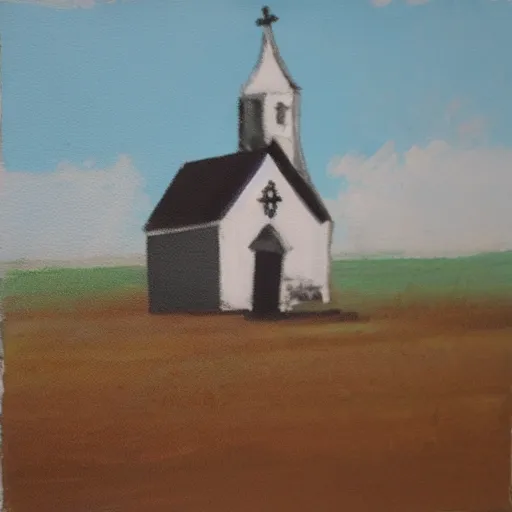 Prompt: oil on styrofoam crust - painting with melt of a small white country church in a corn field ( very sinister and sweet )