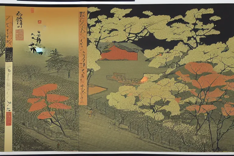 Prompt: Late Autumn Evening,Four Seasons of Hometowns in Japan,Lithograph Print ,by Taizi Harada.