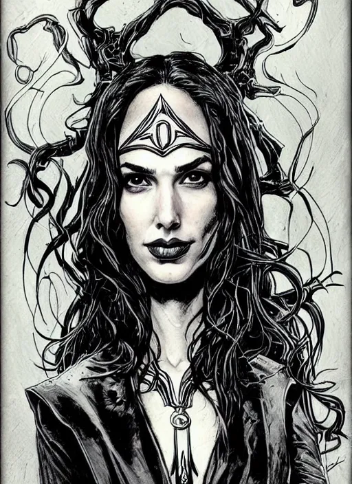 Prompt: beautiful portrait commission of a beautiful Gal Gadot as a dark wizard in a vintage gothic style. character design by ralph steadman, detailed, inked, western comic book art