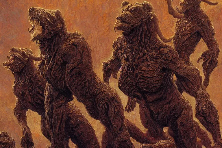 Image similar to cerberus hyperdetailed photo of a cerberus by ed binkley, wayne barlowe, ilya repin, alex horley, johfra bosschart, craig mullins, three head one body, cerberus, details