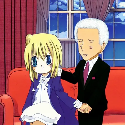 Prompt: anime joe biden as a little boy falling in love with his butler in an anime