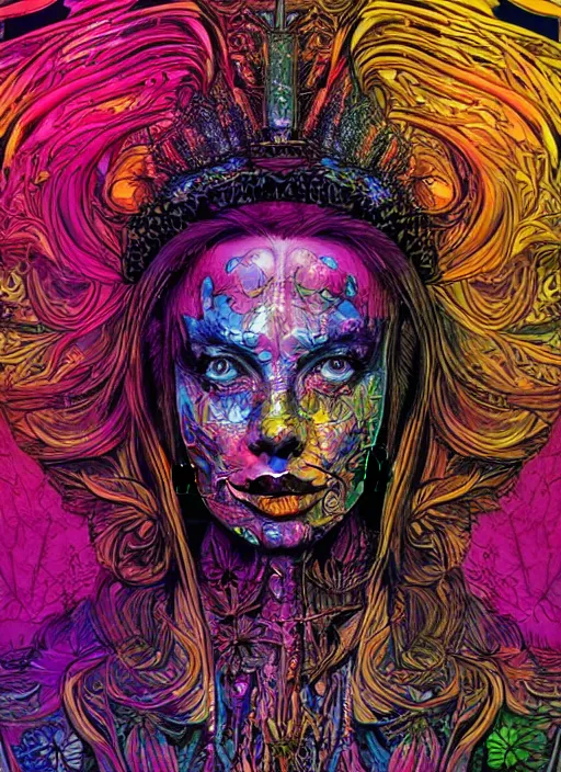 Prompt: a colorful and provenance comic art of a fluorescent ultra - detailed portrait art of flowers queen, by dan mumford and hr giger, holographic undertones, highly saturated colors, party tarot, zx spectrum color palette, featured on pixiv, 4 k hd, artstation hd