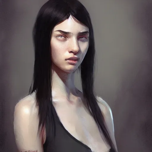 Prompt: portrait of a girl by greg rutkowski, she is about 2 0 years old, mixture between russian and japanese, prettt, black bob hair with two strands around her face, wearing a tank top, highly detailed portrait, digital painting, artstation, concept art, smooth, sharp foccus ilustration, artstation hq