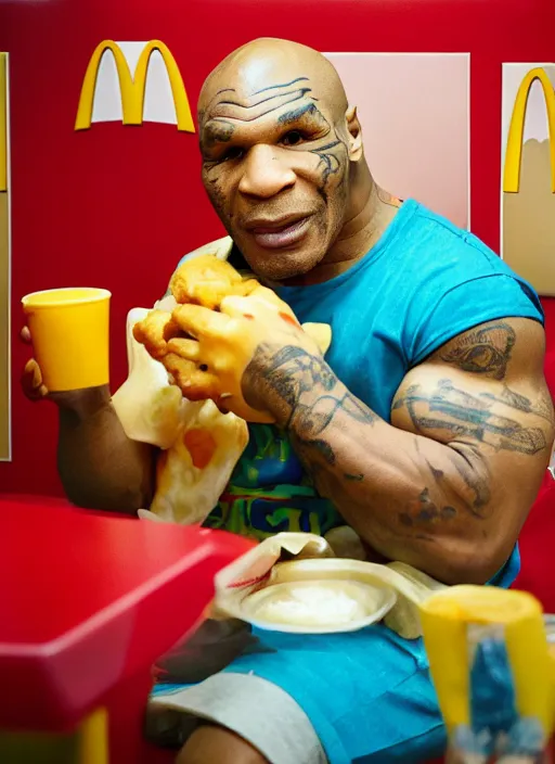 Prompt: Mike Tyson depressed eating a happy meal in the McDonalds play place, while it storms outside the building, mike tyson begins crying softly as he eats a chicken mcnugget and crushes his hamburger in his hands, ketchup spraying out of it, photograph, high quality, detailed, sharp