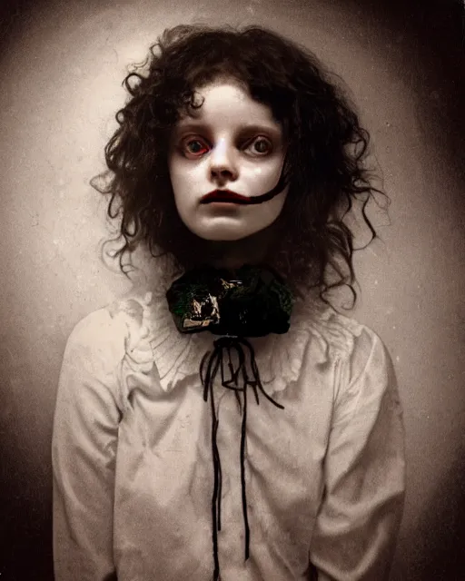 Image similar to an instant photo of a beautiful but creepy girl in layers of fear, with haunted eyes and curly hair, wearing a vivienne westwood collar, 1 9 7 0 s, seventies, wallpaper, moorland, a little blood, moonlight showing injuries, delicate embellishments, painterly, offset printing technique, by mary jane ansell