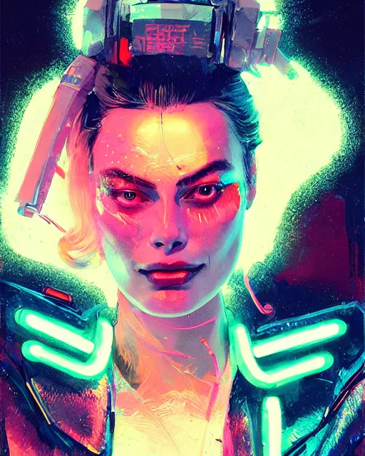 Image similar to neon operator margot robbie, cyberpunk futuristic neon, reflective puffy coat, decorated with traditional japanese ornaments by ismail inceoglu dragan bibin hans thoma greg rutkowski alexandros pyromallis nekro rene maritte illustrated, perfect face, fine details, realistic shaded, fine - face, pretty face