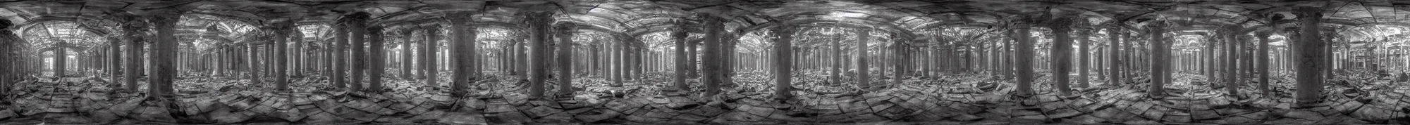 Image similar to photo of an immersive forgotten panopticon well full of eyes, with columns and destroyed cybernetics from an ancient civilization, photorealistic, higly detailed dark, 3 6 0 picture, panorama, 3 5 mm slide, trending on flickr, in the style of francesca woodman, zachary corzine, zhelong xu, greg rutkowski and anders zorn