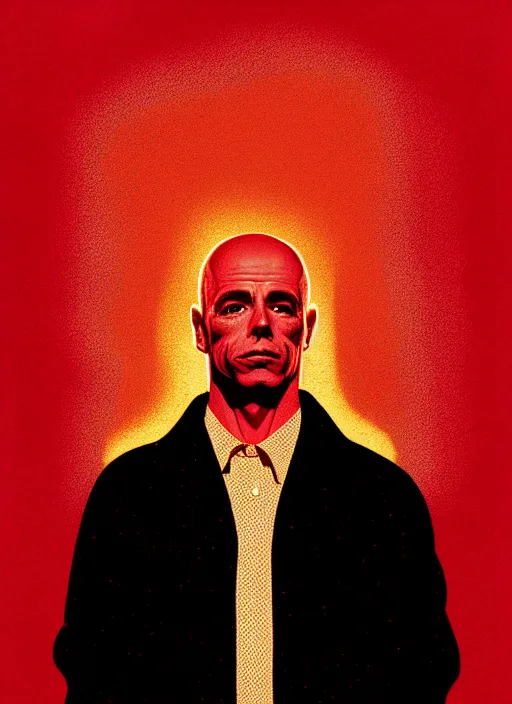 Image similar to Twin Peaks poster artwork by Michael Whelan and Bob Larkin, of portrait of Joe Rogan in red flannel, spotlight from the sky shining on him, from scene from Twin Peaks, clean, simple illustration, nostalgic, domestic