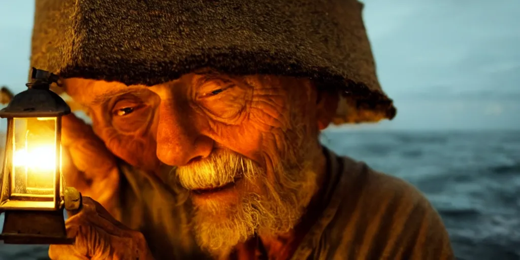 Image similar to film still of closeup old man holding up lantern by his beach hut at night. pirate ship in the ocean by emmanuel lubezki