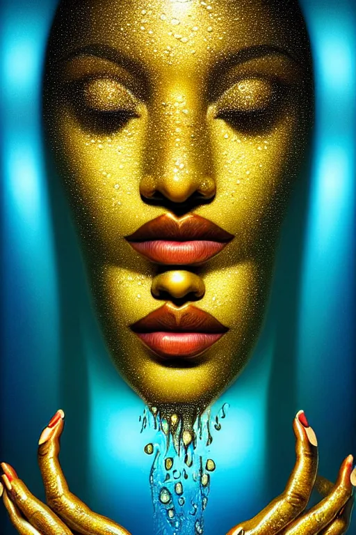 Prompt: hyperrealistic precisionist cinematic very expressive! oshun goddess, water mirror dripping droplet!, gold flowers, highly detailed face, digital art masterpiece, smooth eric zener cam de leon, dramatic pearlescent turquoise light on one side, low angle uhd 8 k, shallow depth of field