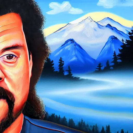 Image similar to a closeup photorealistic photograph of bob ross themed kenny powers baseball, painting on a canvas. mountains and trees. film still. brightly lit scene. this 4 k hd image is trending on artstation, featured on behance, well - rendered, extra crisp, features intricate detail, epic composition and the style of unreal engine.