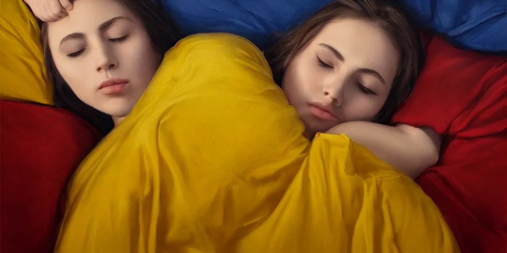 Image similar to beautiful oil matte portrait painting, young woman with closed eyes lying on a red bedsheet with blue pillows wearing a mustard yellow dress, detailed face, wonderful masterpiece highly detailed, beautiful cinematic light deep focus, elegant, digital painting, smooth, sharp focus, golden ratio, dramatic illumination, ultra realistic, 8 k, art by jimmy law