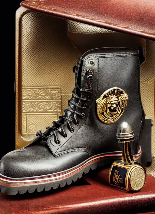 Image similar to hyperrealistic and heavy detailed product photo versace boot of judge dredd, in front of white back drop, whole shoe is in picture, leica sl 2 5 0 mm, vivid color, high quality, high textured, real life