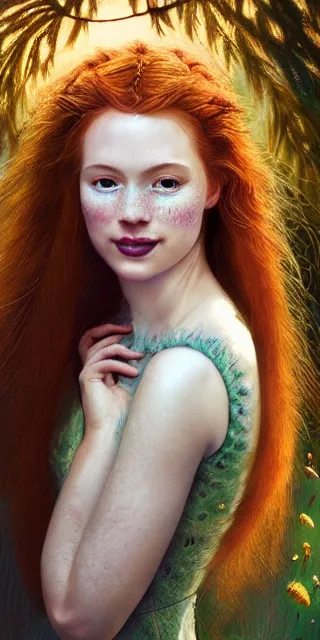 Image similar to young woman, serene smile, surrounded by firefly lights, full covering intricate detailed dress, amidst nature, long red hair, precise linework, accurate green eyes, small nose with freckles, beautiful smooth oval shape face, empathic, expressive emotions, dramatic lights, hyper realistic ultrafine art by artemisia gentileschi, jessica rossier, boris vallejo