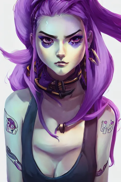 Image similar to beautiful female flowing purple hair katana tattoo symmetrical face eyes full length fantasy art apex fortnite Video game icon, 2d game art gta5 cover , official fanart behance hd artstation by Jesper Ejsing, by RHADS, Makoto Shinkai and Lois van baarle, ilya kuvshinov, rossdraws