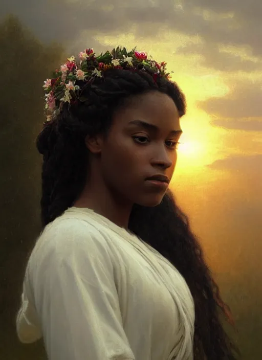 Image similar to oil painting close up portrait of a contemplative young black woman with long dark flowing hair in a white dress, wearing a crown of wildflowers!! at sunset, hazy, digital art, chiaroscuro, artstation, cinematic, golden hour, digital art painting by greg rutkowski, william - adolphe bouguereau, hazy atmosphere, cinematic lighting