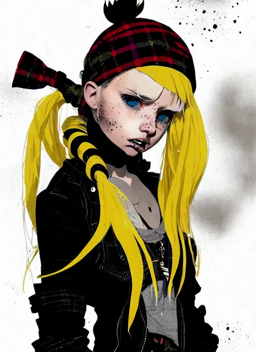 Image similar to highly detailed closeup portrait of a sewer punk pretty swedish female road warrior student, tartan garment, blonde hair pigtails with headband by atey ghailan, by greg rutkowski, by greg tocchini, by james gilleard, by joe fenton, by kaethe butcher, gradient yellow, black, brown and white color scheme, grunge aesthetic!!! white graffiti tag wall background