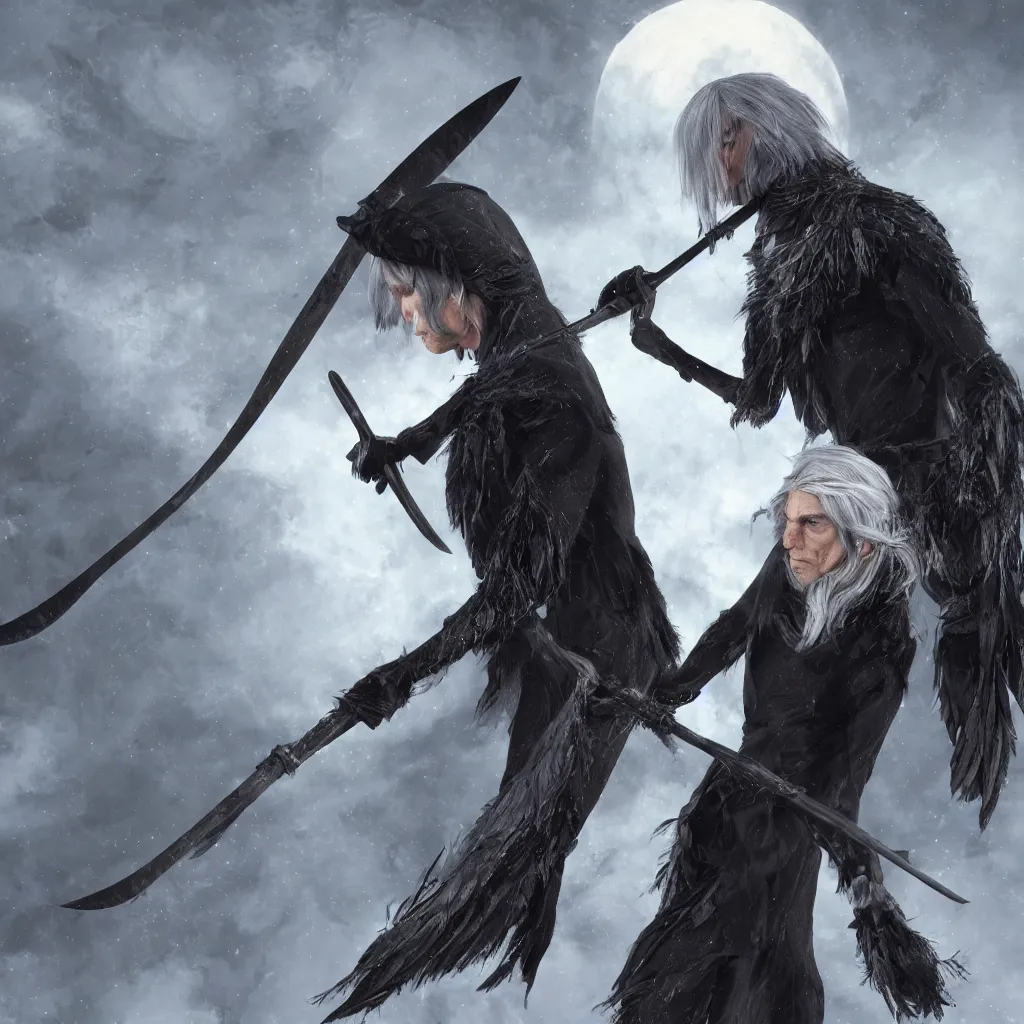 Prompt: A Grey haired caucasian elf, with a long scythe. Dressed in crow feathers, fantasy 8k wallpaper